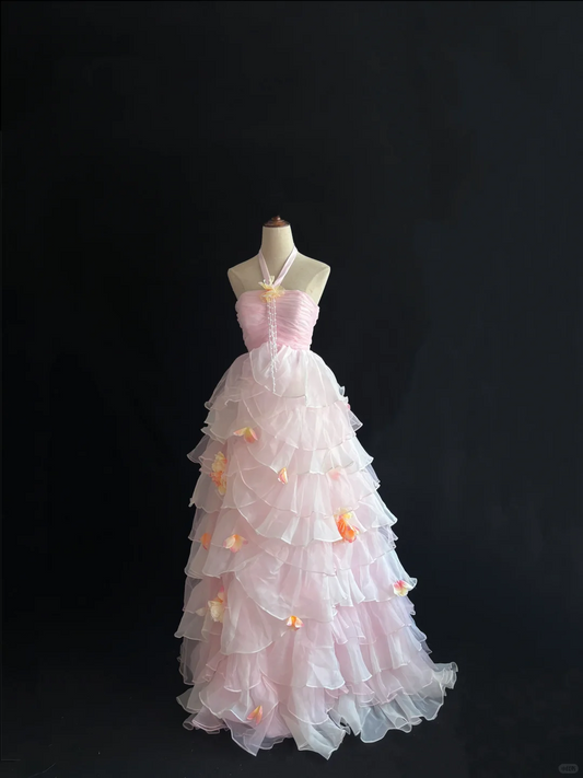 Blush Pink Cinched Waist Fitted Ruffle Skirt Long Romantic Dress, Wedding Gown gh7991