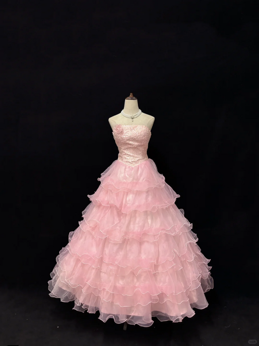 Pink Strapless with Beaded Details, Cinched Waist, Voluminous Skirt Cute Girly Romantic Dress, Wedding Gown gh8087
