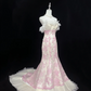 Blush Pink Strapless with Lace Trim, Cinched Waist, Embroidered Slim Fit Hip Hugging Mermaid Skirt Long Romantic Dress, Wedding Gown gh8037