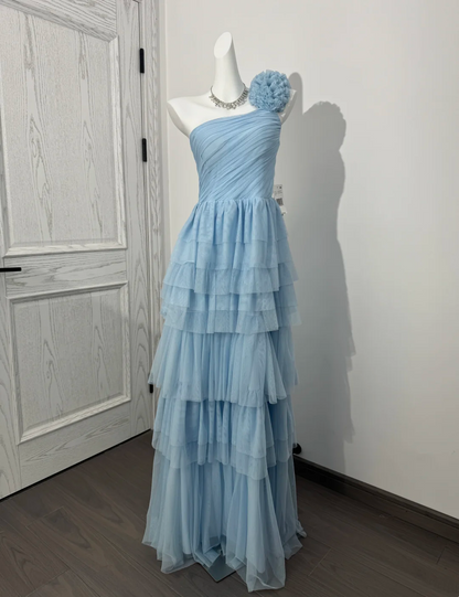 Light Blue One-Shoulder Fitted Waist Tiered Skirt Prom & Evening Dress gh7227