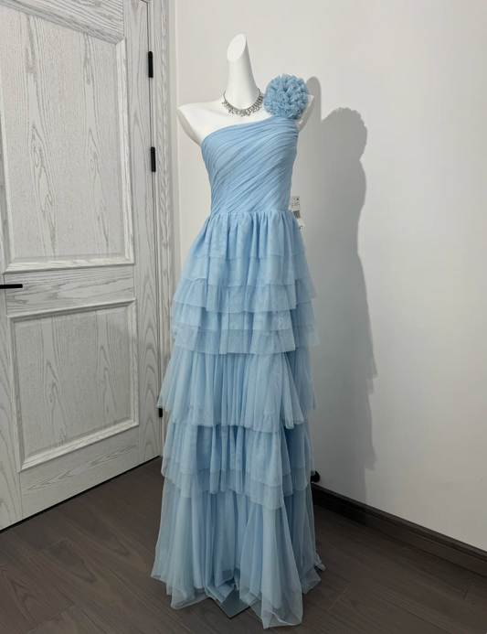 Light Blue One-Shoulder Fitted Waist Tiered Skirt Prom & Evening Dress gh7227