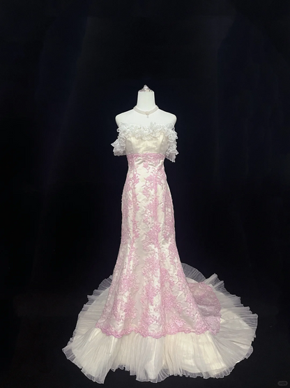 Blush Pink Strapless with Lace Trim, Cinched Waist, Embroidered Slim Fit Hip Hugging Mermaid Skirt Long Romantic Dress, Wedding Gown gh8037