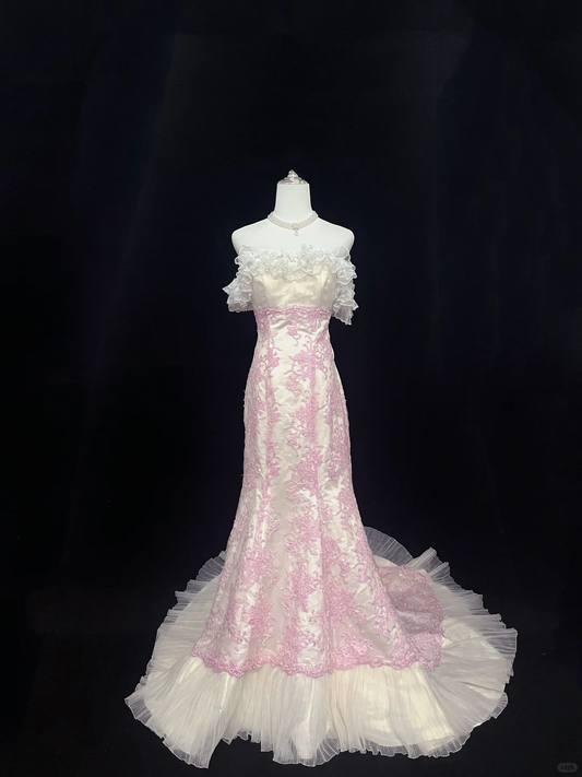 Blush Pink Strapless with Lace Trim, Cinched Waist, Embroidered Slim Fit Hip Hugging Mermaid Skirt Long Romantic Dress, Wedding Gown gh8037