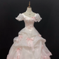 Blush Pink Puff Sleeve Vintage Long Romantic Gown, Cinched Waist, Voluminous Tiered Skirt, Wedding Dress & Bridal Gown gh8171