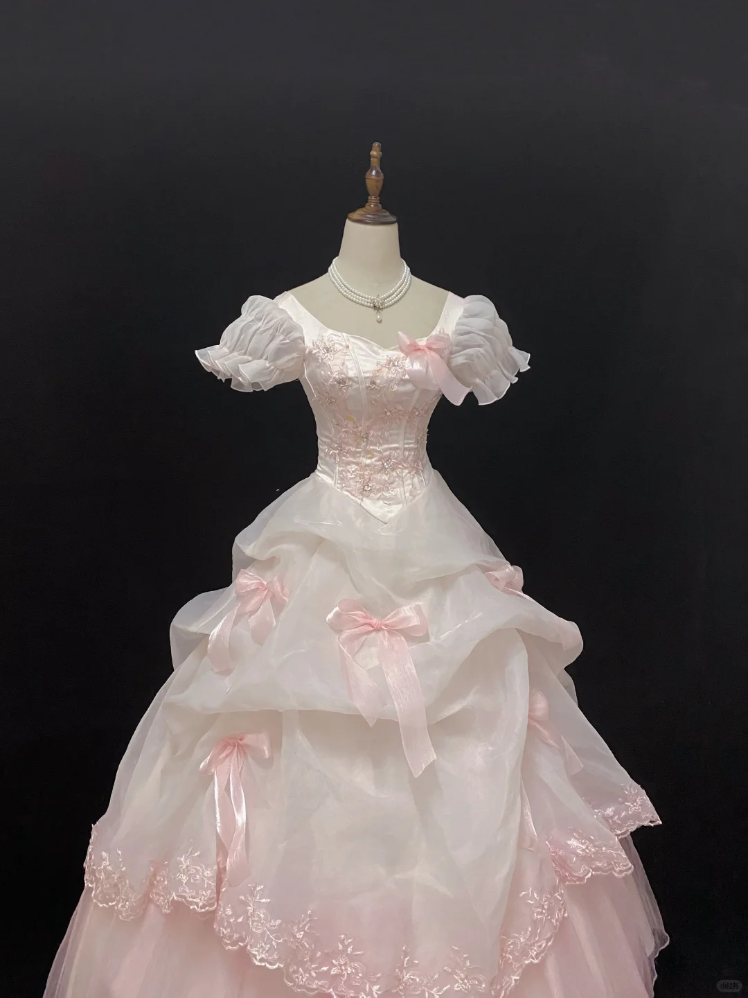 Blush Pink Puff Sleeve Vintage Long Romantic Gown, Cinched Waist, Voluminous Tiered Skirt, Wedding Dress & Bridal Gown gh8171