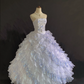 White Strapless Romantic Gown, Fitted Waist, Light Blue Voluminous Tiered Cake Skirt, Wedding Dress & Bridal Gown gh8211