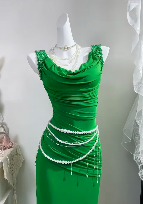 Green Cowl Neck Mermaid Long Evening Gown, Beaded Strap Ruched Formal Prom Dress gh9283