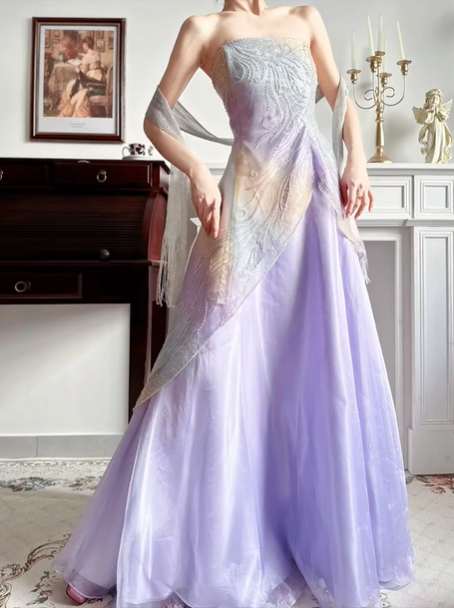 Lavender Purple Vintage Strapless Prom Gown, Gradient Silver‑Tone Beaded Embroidery Bodice, Asymmetrical Draped Overlay Panel, Flowy Organza Full Floor‑Length Skirt, Fairy‑Style Evening Prom Dress gh8809