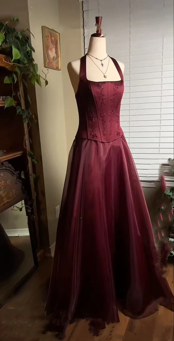 Burgunderrotes, elegantes, glänzendes, mit Perlen besetztes, langes Tüll-Ballkleid, Abendkleid, Partykleid gh3457