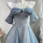 Dusty Blue Glitter Tulle Long Evening Gown, Off Shoulder Puff Sleeve A-Line Prom Dress With Bow gh9285