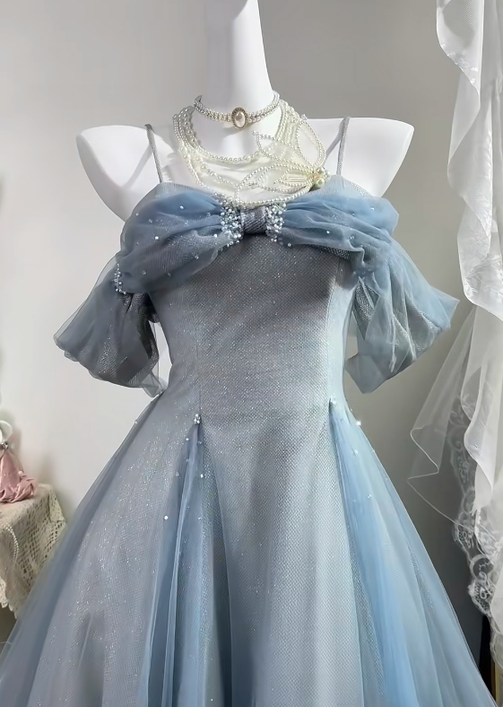 Dusty Blue Glitter Tulle Long Evening Gown, Off Shoulder Puff Sleeve A-Line Prom Dress With Bow gh9285