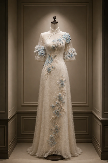 ✨Girlhomeshops-Cream Sky Blue 3D Floral Beaded Mid Sleeve Qipao Cheongsam Wedding Gown gh10393