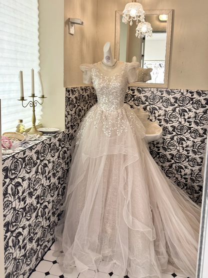 Ivory Short Sleeve Sequin Waist-Cinched Voluminous Princess Skirt Long Romantic Dress, Wedding Gown gh7780
