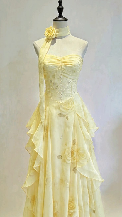 Pale Yellow Strapless Waist-Cinched Soft Elegant Long Evening Dress, Fairy Gown, Romantic Gown gh7425