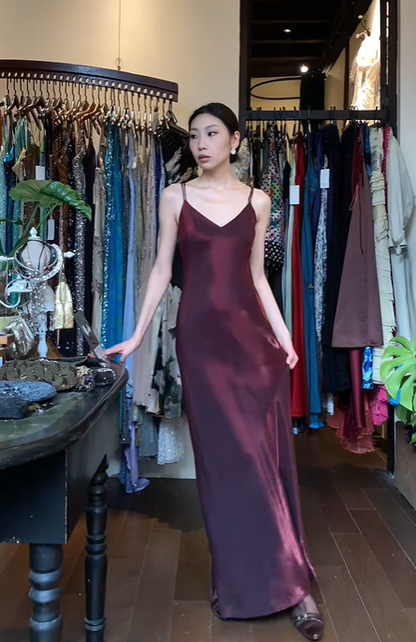 Burgundy Double Strap V Neck Long Formal Gown Satin Column Evening Dress gh9654