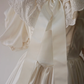 Ivory Satin Vintage Wedding Gown, V‑Neck Lace Ruffled Off‑the‑Shoulder, Puff Short Sleeves, Large Satin Bow, Tiered Eyelet Lace Ruffle Skirt, Bridal Prom Dress gh8913