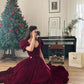 Burgundy Velvet V Neck Short Puff Sleeve Beaded A-Line Long Floor Length Ball Gown Evening Dress Christmas Party Dress gh3042