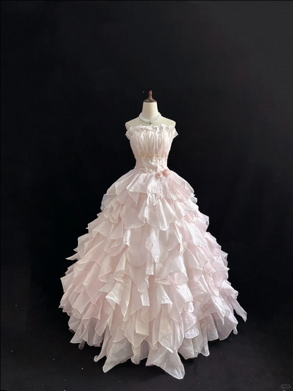 Blush Pink Strapless Cute Romantic Gown for Young Girls, Cinched Waist, Voluminous Tiered Skirt, Wedding Dress & Bridal Gown gh8127
