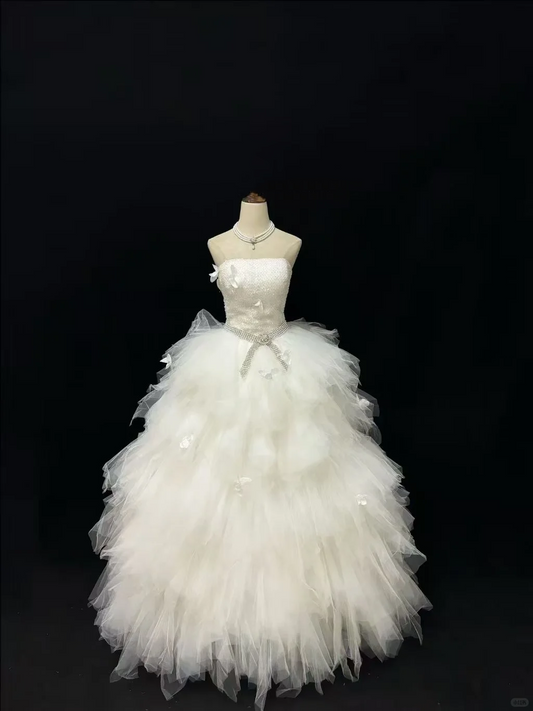 Off-White Strapless Rhinestone Cinched Waist Voluminous Princess Skirt Elegant Luxury Romantic Dress, Wedding Gown gh7992