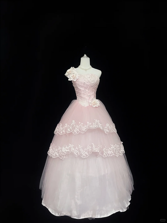 Blush Pink Gradient Strapless Cinched Waist Voluminous Princess Skirt Lace Trim Long Romantic Dress, Wedding Gown gh8038