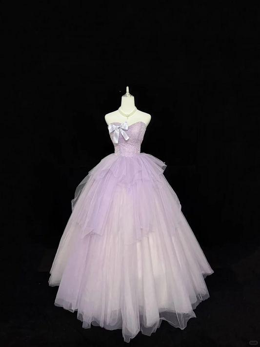 Lavender Strapless Beaded Cinched Waist Voluminous Skirt Romantic Dress, Wedding Gown gh7902