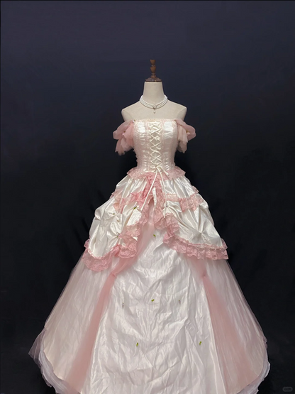 Light Pink Off-the-Shoulder Luxury Romantic Gown, Cinched Waist, Voluminous Vintage Skirt, Wedding Dress & Bridal Gown gh8257