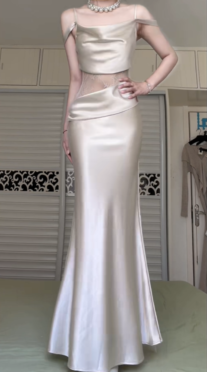 Champagne Satin Off‑Shoulder Long Evening Gown, Cowl Neck Crop Top, Sheer Lace Waist Panel, High‑Waist Draped Mermaid Formal Dress gh8942