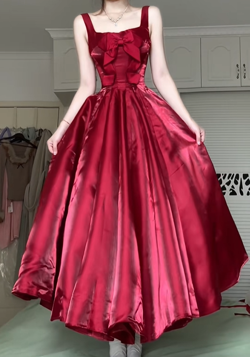 Burgundy Square‑Neck Wide‑Strap Satin Long Evening Gown, Large Front Bow A‑Line Formal Prom Dress gh9037