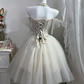 Off White Short Cocktail Dress, Off Shoulder Tulle Flutter Sleeve Heavy Beaded Corset Homecoming Gown gh9275