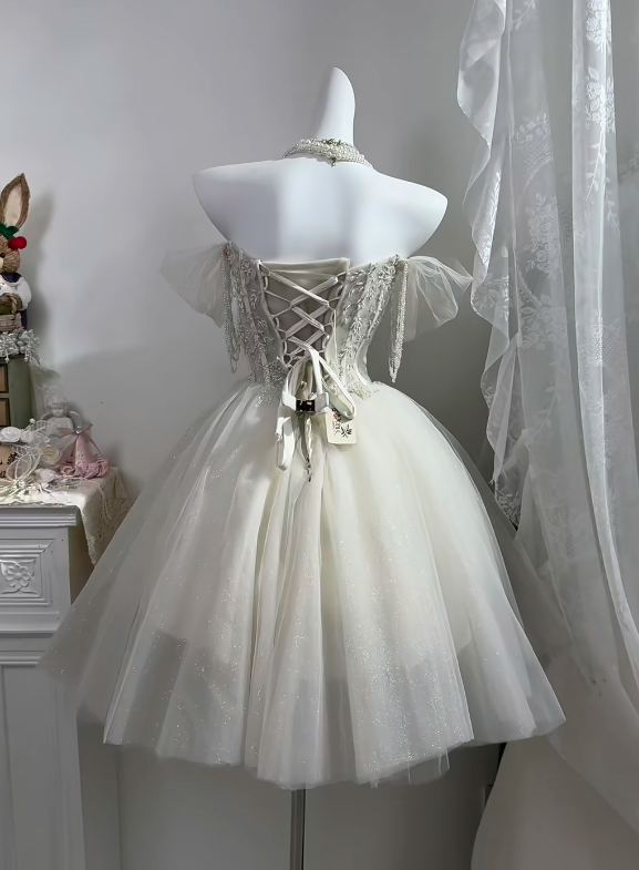 Off White Short Cocktail Dress, Off Shoulder Tulle Flutter Sleeve Heavy Beaded Corset Homecoming Gown gh9275