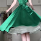 Emerald Green Satin Midi Evening Gown, Square Neck Cap Sleeve Bow Decor A‑Line Formal Prom Dress gh9038