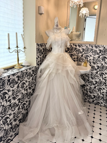 White Off-Shoulder Waist-Cinched Fluffy Skirt Long Elegant Romantic Dress, Wedding Gown gh7497