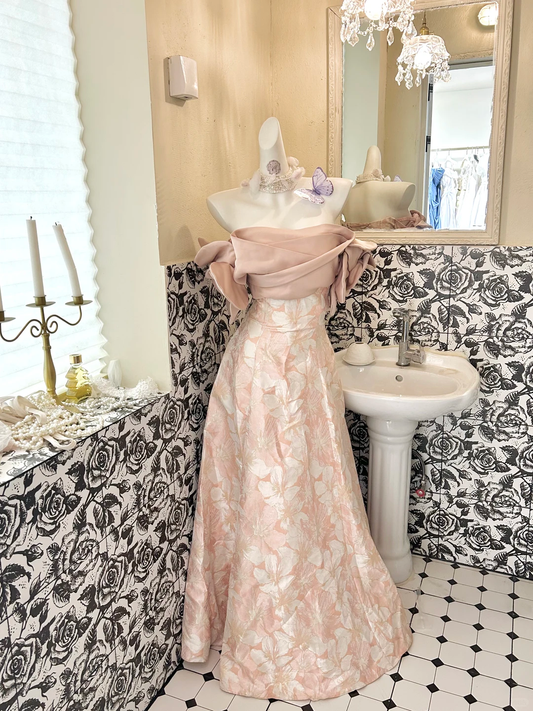 Light Pink Off-the-Shoulder Cinched Waist Figure-Flattering Printed Long Romantic Dress, Wedding Gown gh7810