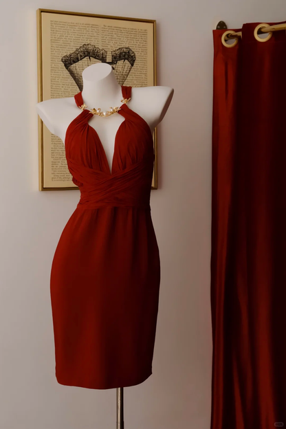 Women Vintage Short Bodycon Evening Dress, Halter Neck, Deep V Cutout, Gold Pearl Embellishment, Ruched Chiffon Prom Gown gh9588