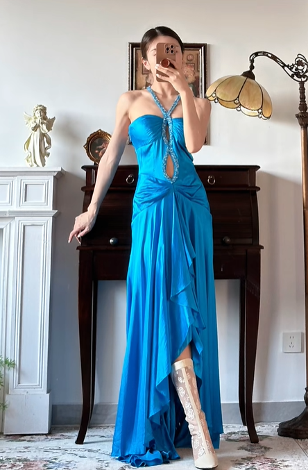 Bright‑Lake‑Blue‑Vintage‑Gown Rhinestone‑Criss‑Cross‑Halter Keyhole‑Bust‑Cutout Twisted‑Gathered‑Waist High‑Low‑Ruffled‑Hem Shiny‑Satin‑Fabric Flowy‑Evening‑Prom‑Dress gh8838