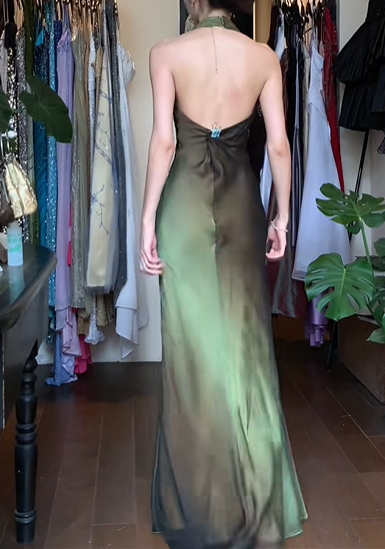 Gradient Green Vintage Prom Dress Halter V Neck Twisted Waist Chiffon Long Evening Gown gh9602