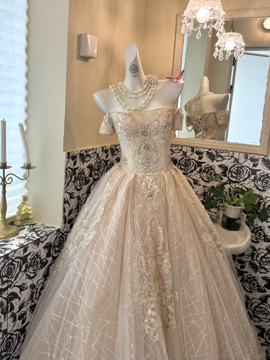 Light Apricot Off-the-Shoulder Waist-Cinched Full Flared Long Luxury Romantic Dress, Wedding Gown gh7672