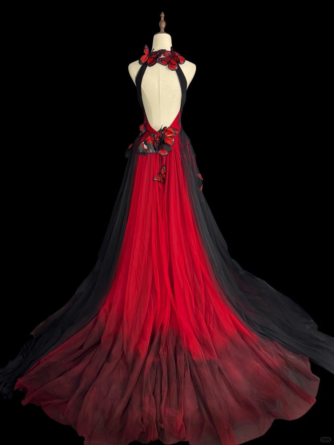 Girlhomeshops-Red black gradient retro fashion butterfly fairy exquisite long backless evening dress tulle prom dress gh5355