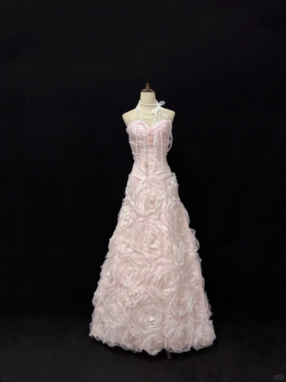 Blush Pink Strapless Romantic Gown, Cinched Waist, Vintage Floral Flared Skirt, Wedding Dress & Bridal Gown gh8128