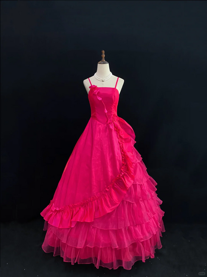 Fuchsia Spaghetti Strap Romantic Gown, Cinched Waist, Voluminous Princess Skirt, Wedding Dress & Bridal Gown gh8173