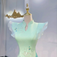 Light Green Flutter Sleeve Waist-Cinched Fitted A-Line Evening Dress, Fairy Gown, Romantic Gown gh7420