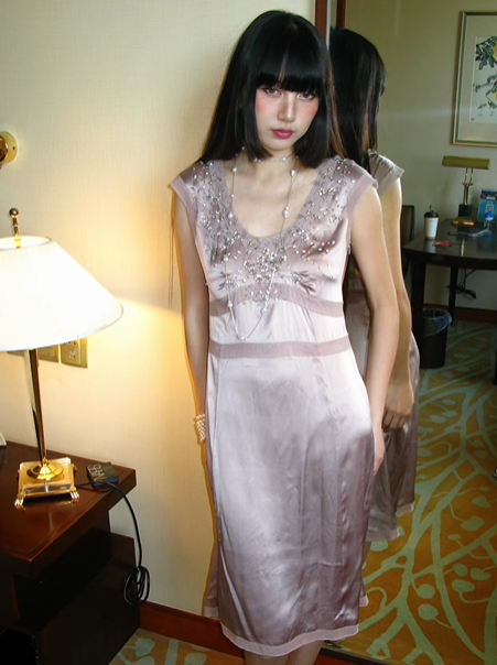 Light Brown Coffee Satin Beaded Vintage Elegant Prom Gown, Evening Party Dress gh8354