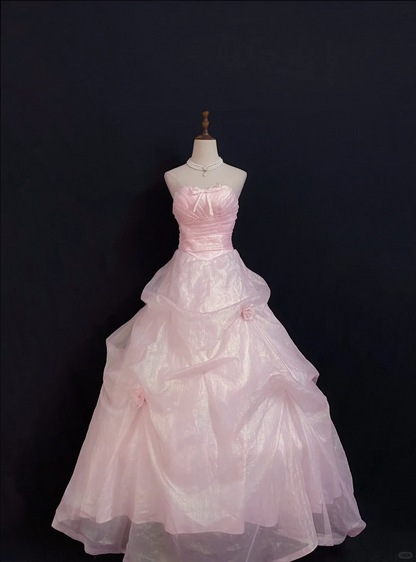 Blush Pink Strapless Cute Long Romantic Gown with Fitted Waist and Fluffy Princess Skirt, Wedding Dress & Bridal Gown gh8304