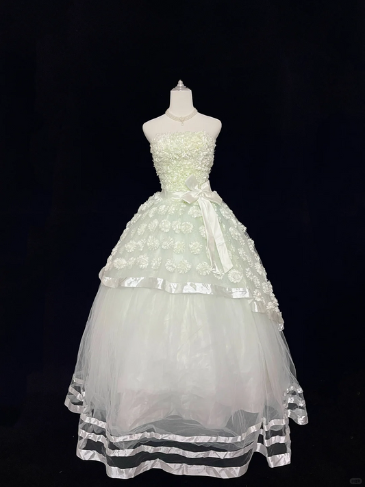 Light Green Gradient Fresh Strapless Cinched Waist Voluminous Princess Skirt Vintage Romantic Dress, Wedding Gown gh8039