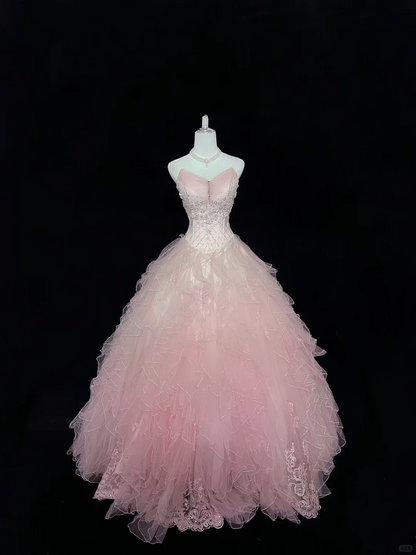 Blush Pink Ombre Strapless Rhinestone Cinched Waist Voluminous Princess Skirt Long Romantic Dress, Wedding Gown gh7993