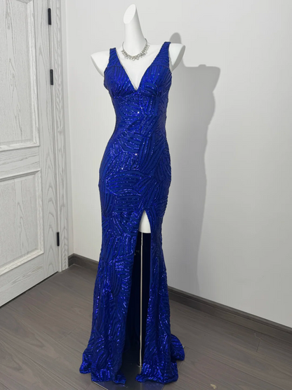Dark Blue V-Neck Spaghetti Strap Fitted Waist Slim Elegant Prom & Evening Dress gh7229
