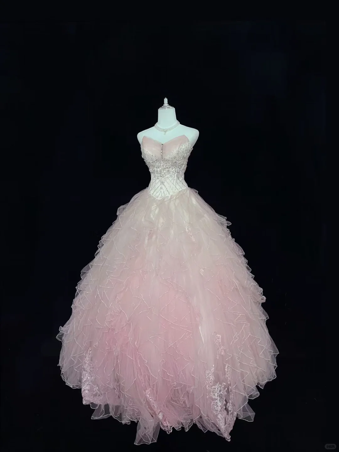 Blush Pink Ombre Strapless Rhinestone Cinched Waist Voluminous Princess Skirt Long Romantic Dress, Wedding Gown gh7993