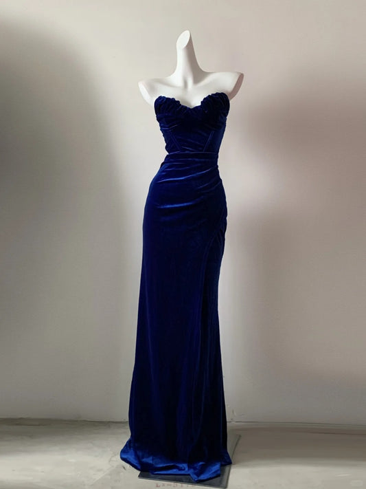 Robe de soirée élégante en velours bleu/noir, col en cœur, longueur au sol, robe de bal, gh4076