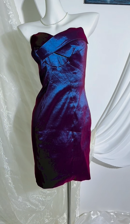 Vintage Blue Purple Satin Strapless Short Prom & Evening Party Dress, Fitted Waist Slim Silhouette gh8544
