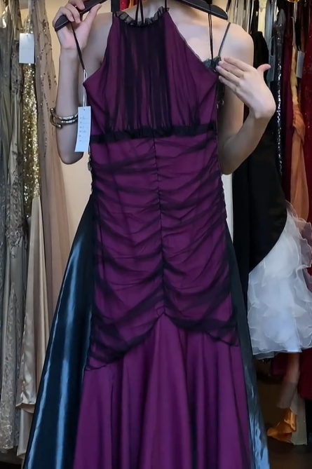 Halter Dark Purple Prom Dress Mesh Ruched Black Tulle Overlay A Line Formal Evening Gown gh9822